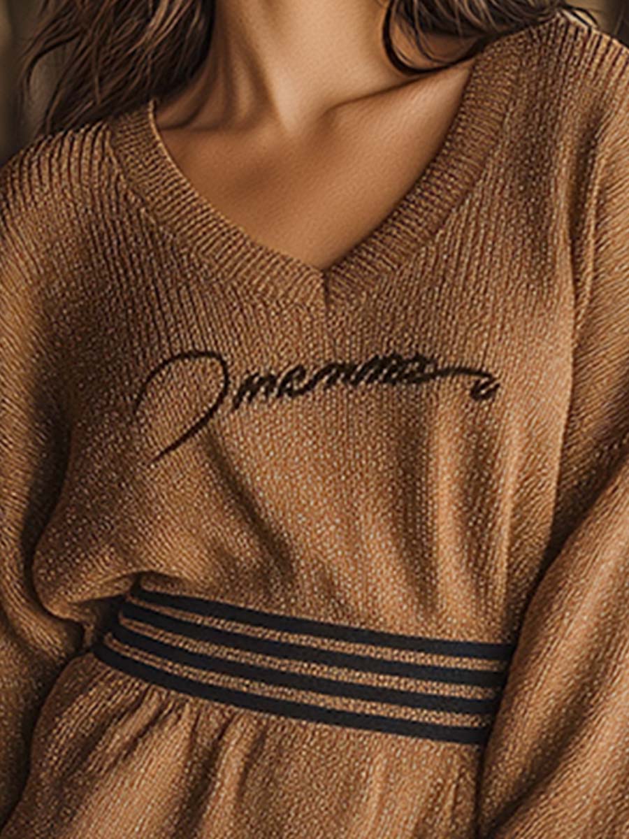 Robe Vintage Décontractée à Rayures Brunes - Style Ample en Tricot