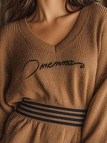 Robe Vintage Décontractée à Rayures Brunes - Style Ample en Tricot