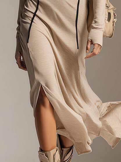 Robe Midi Décontractée en Coton Stretch Abricot avec Capuche
