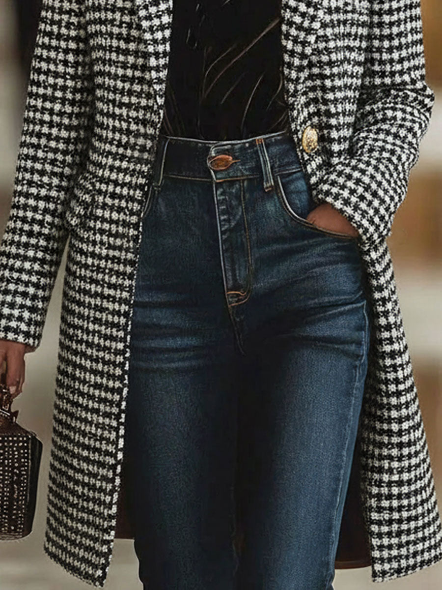 Veste mi-longue en tweed à motif pied-de-poule avec col en fourrure rétro chic