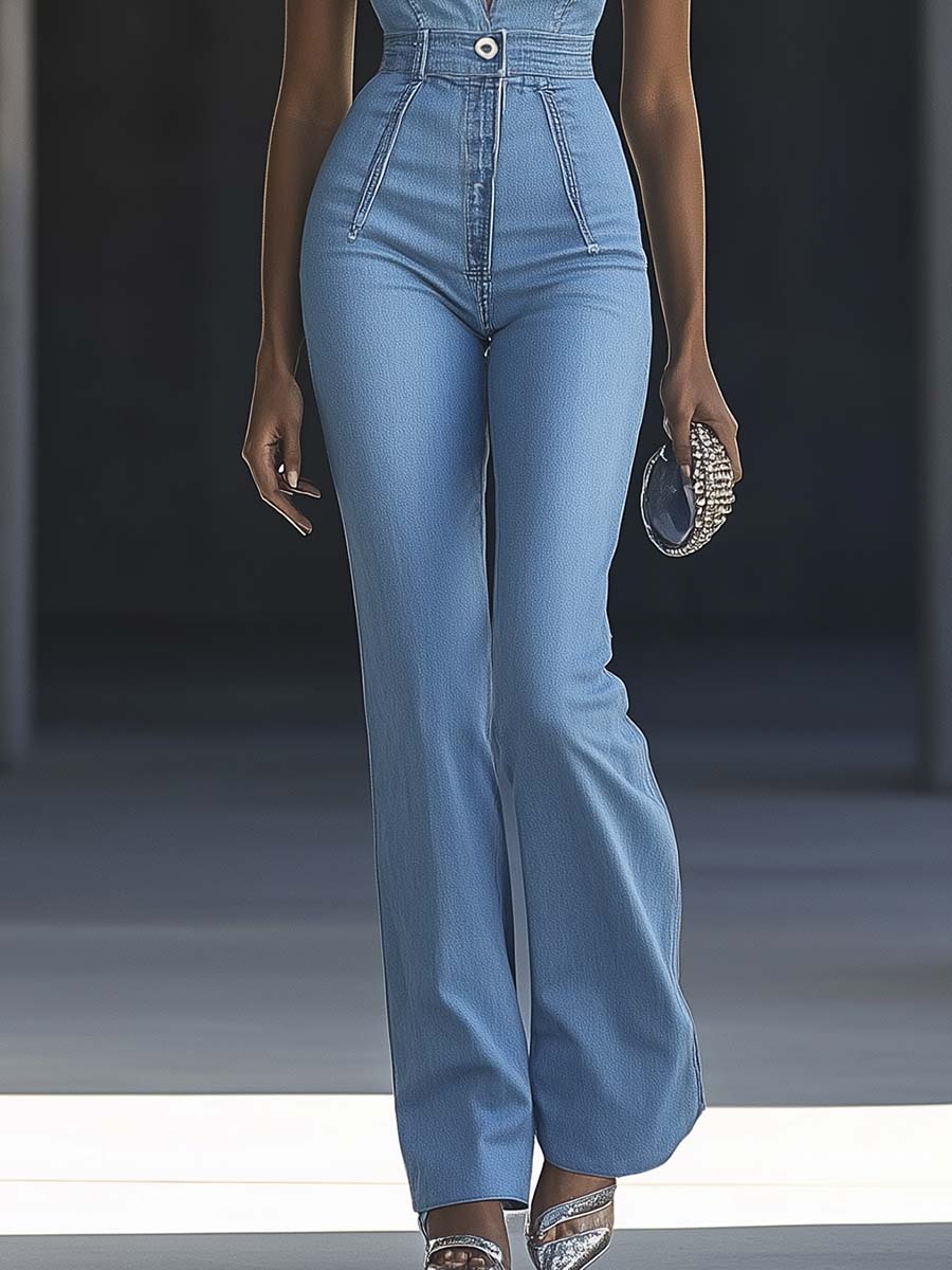 Expédition rapide sous 24 heures : Salopette sans manches en denim bleu clair à col en V, chic et intemporelle