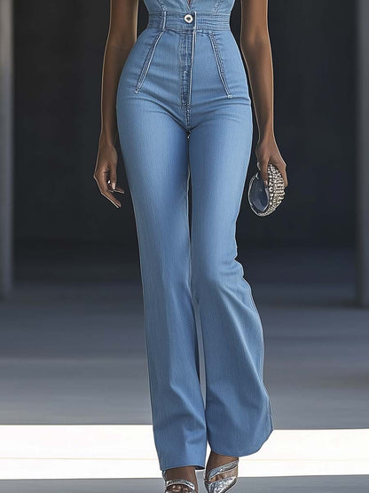 Expédition rapide sous 24 heures : Salopette sans manches en denim bleu clair à col en V, chic et intemporelle