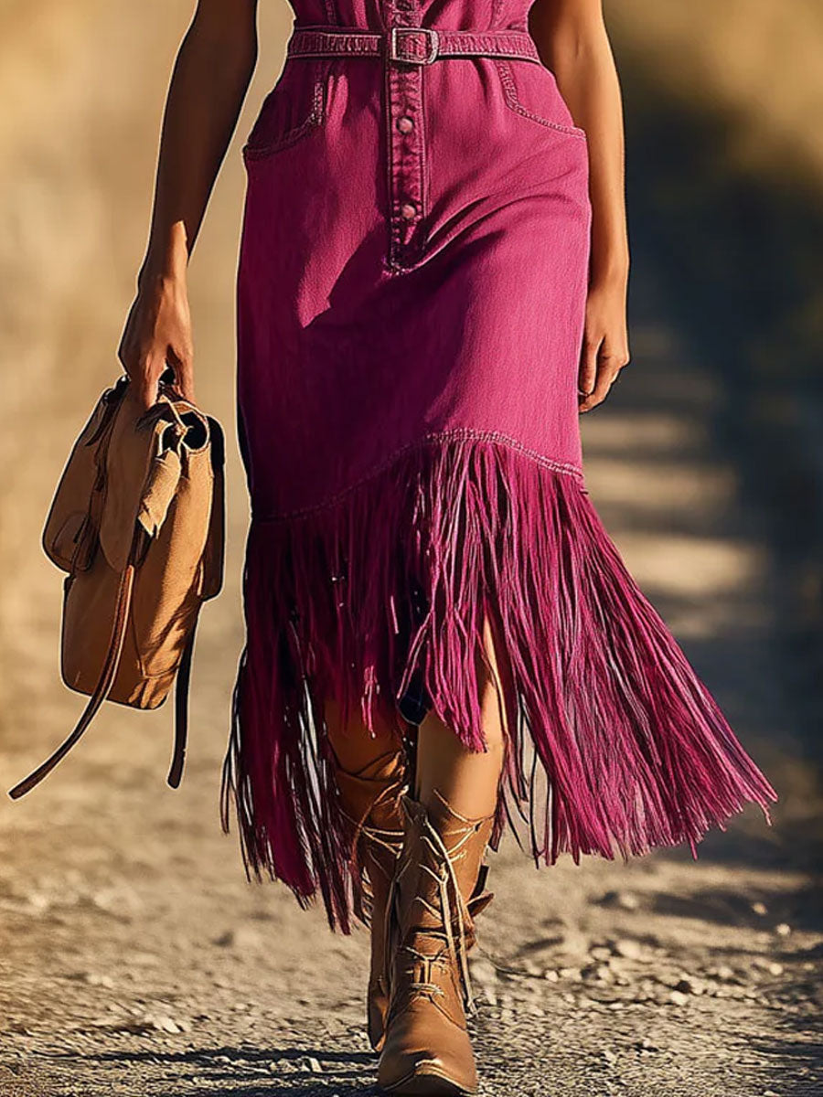 Robe Midi Décontractée en Denim Fuchsia : Sans Manches, Franges et Lacets - Expédition Rapide en 24 Heures !