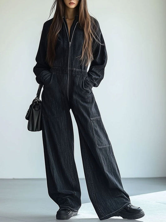 Salopette en Denim Rétro : Confort Décontracté avec Zip, Taille Élastique et Manches Longues - Expédition en 24 Heures !