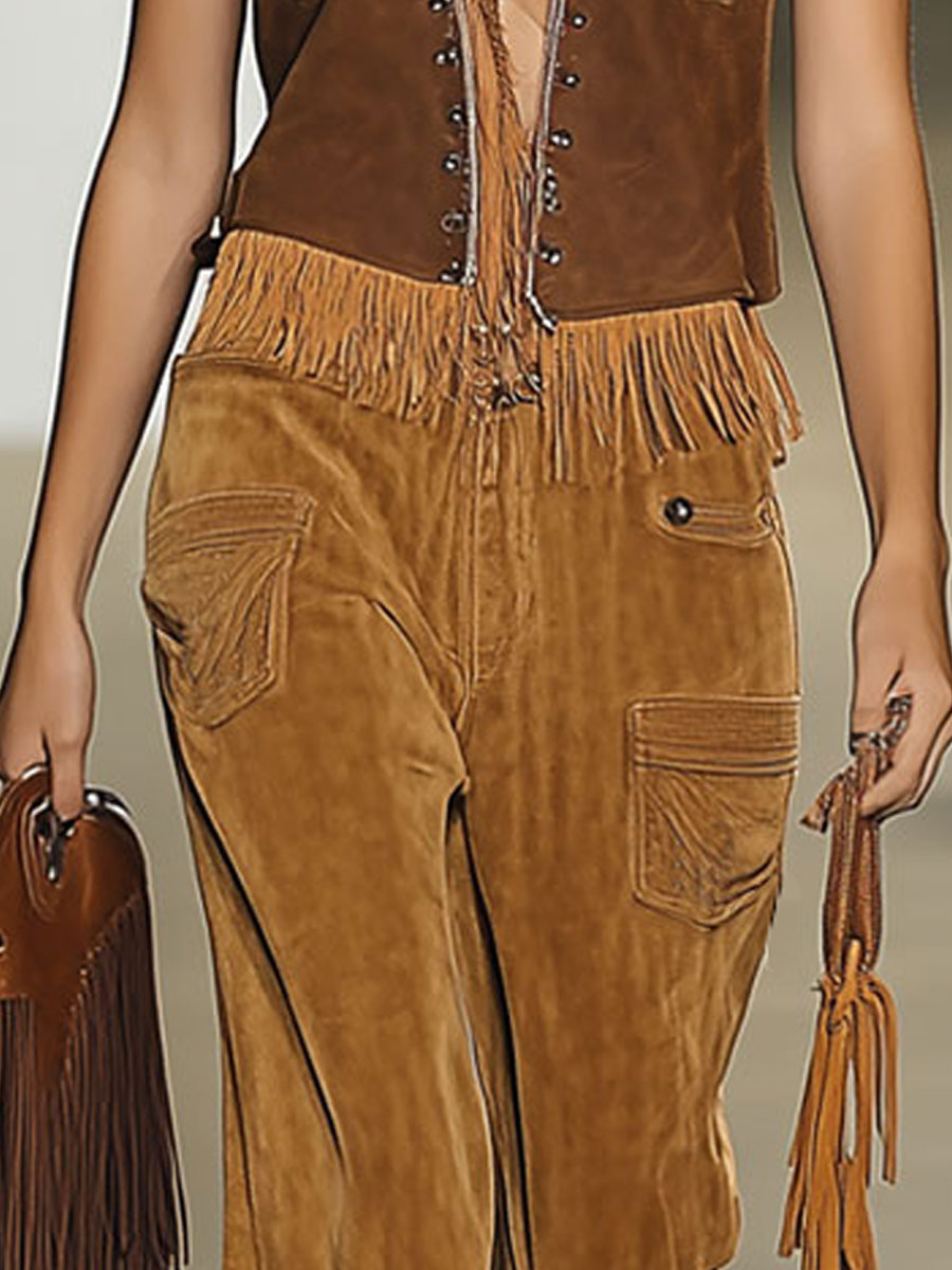 【Expédition en 24h】Pantalons Vintage en Suède Caramel avec Rivets et Franges
