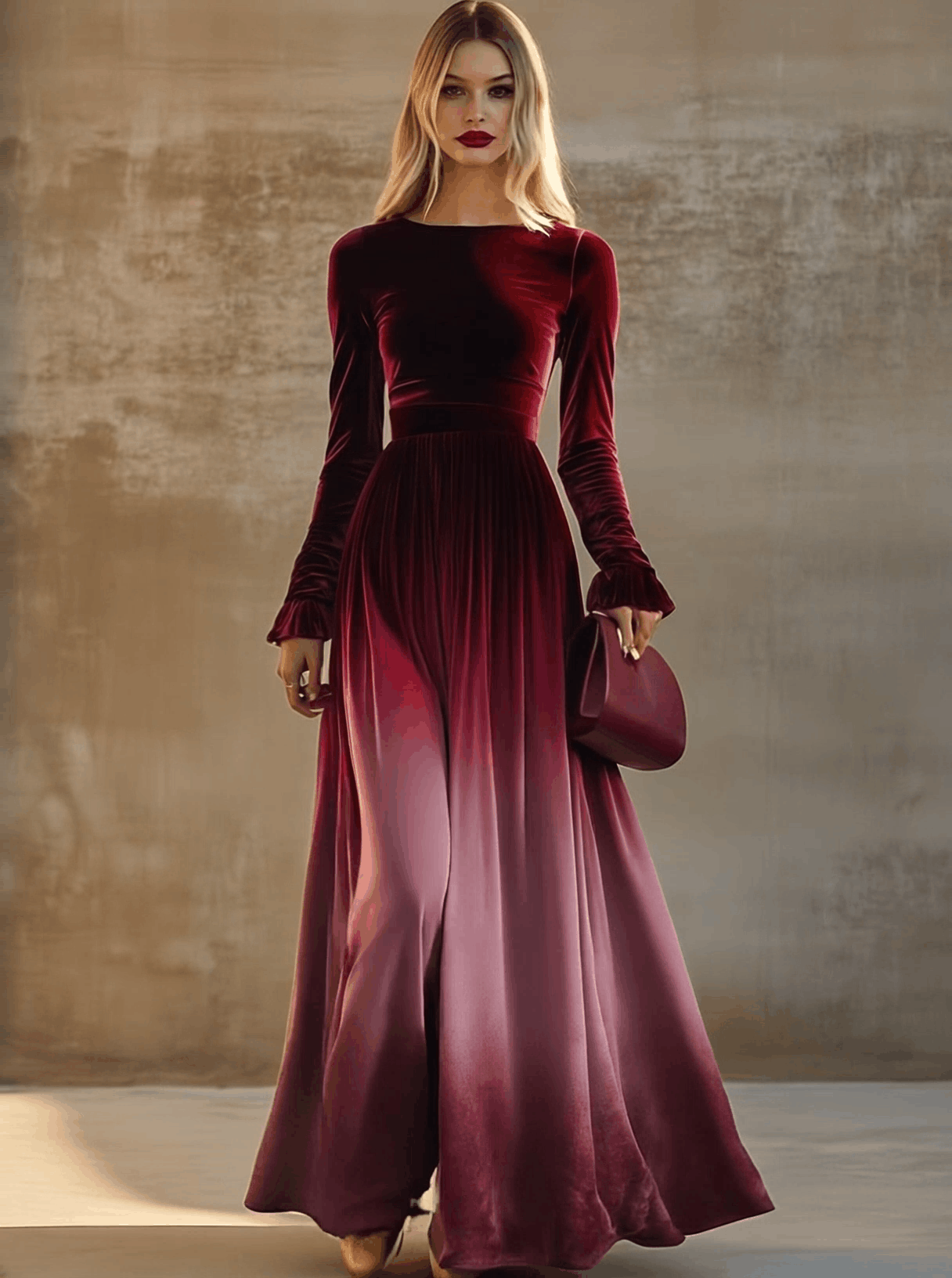Robe Maxi Velours Dégradé Bordeaux : Élégance Instantanée avec Manches Trompette et Col Droit – Expédition en 24h !