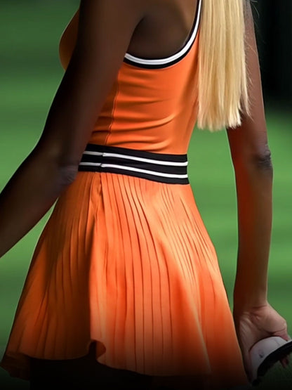 Robe Mini Plissée Orange Sans Manches avec Détails Noirs et Blancs - Expédition en 24 Heures