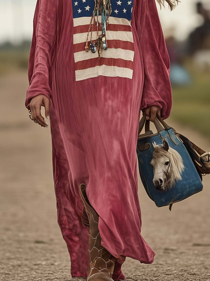 Robe Maxi en Coton Rose à Manches Longues - Imprimé Drapeau Vintage, Expédition Rapide en 24 Heures !