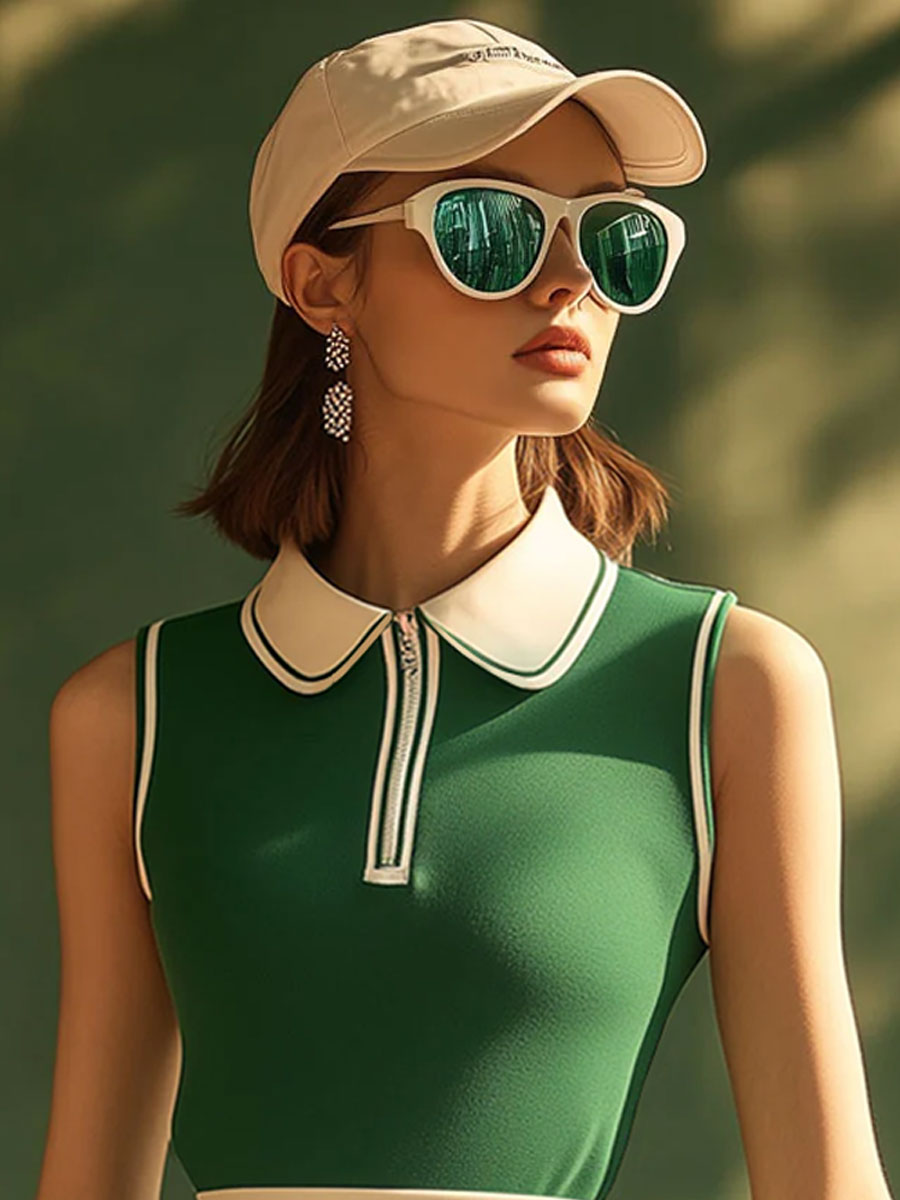 Robe Mini Sans Manches Verte à Col Polo avec Détails Blancs - Expédition Rapide en 24 Heures