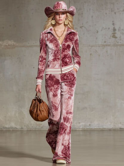 Ensemble Chic en Velours : Haut et Pantalon à Motif de Roses