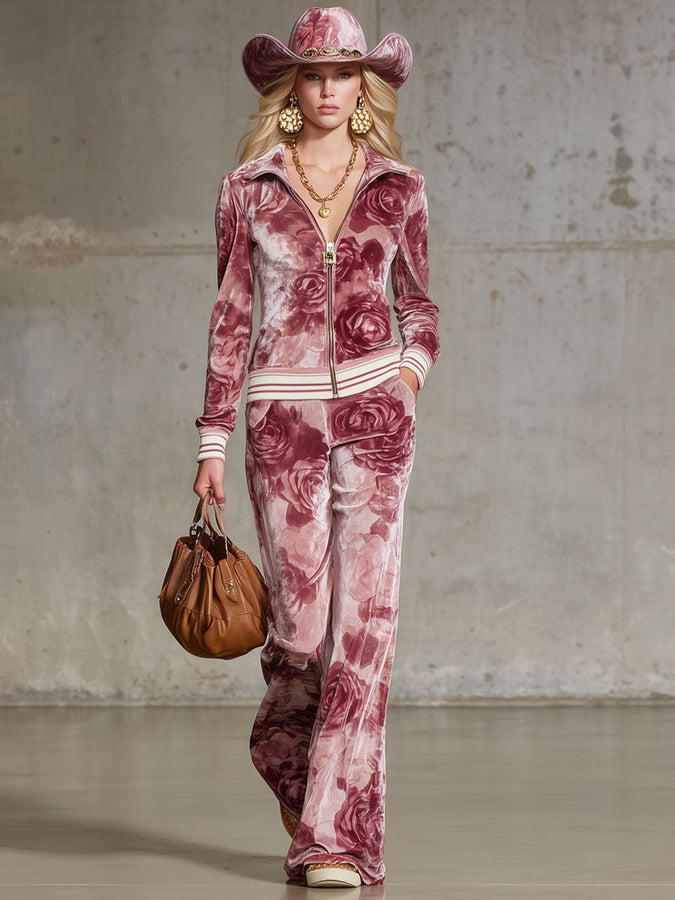 Ensemble Chic en Velours Imprimé Rose : Top à Zip et Pantalon Coordonné