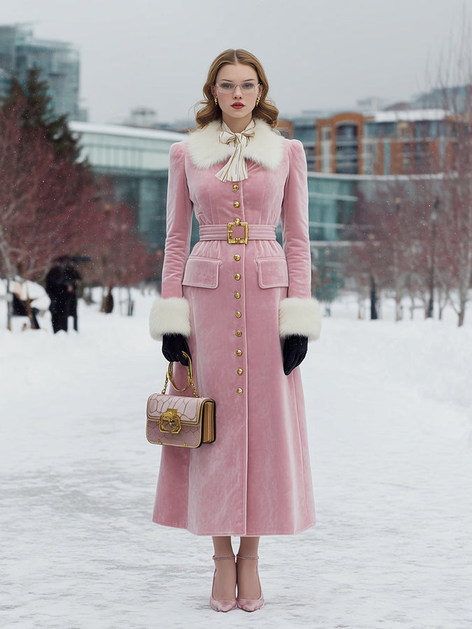 Veste en Velours Rose avec Col et Poignets en Fourrure