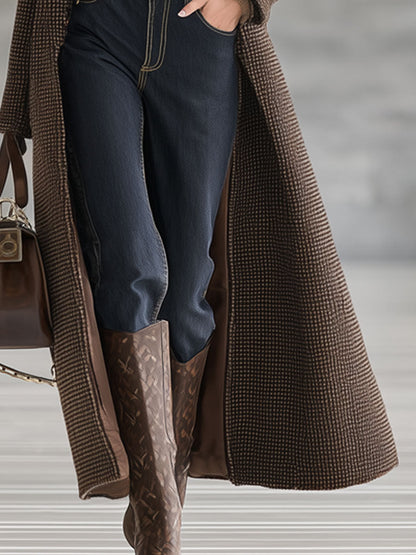 Long Houndstooth Check Wool Coat in Retro Brown