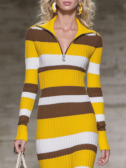 Robe Midi Tricotée à Rayures Vintage avec Demi-Fermeture Éclair