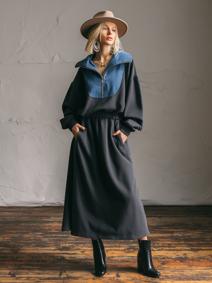 Robe Maxi en Sweat à Demi-Zip avec Col en Jean - Gris Foncé