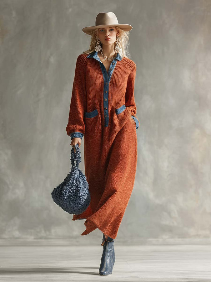 Robe Maxi Tricotée Orange au Style Décontracté avec Finitions en Denim