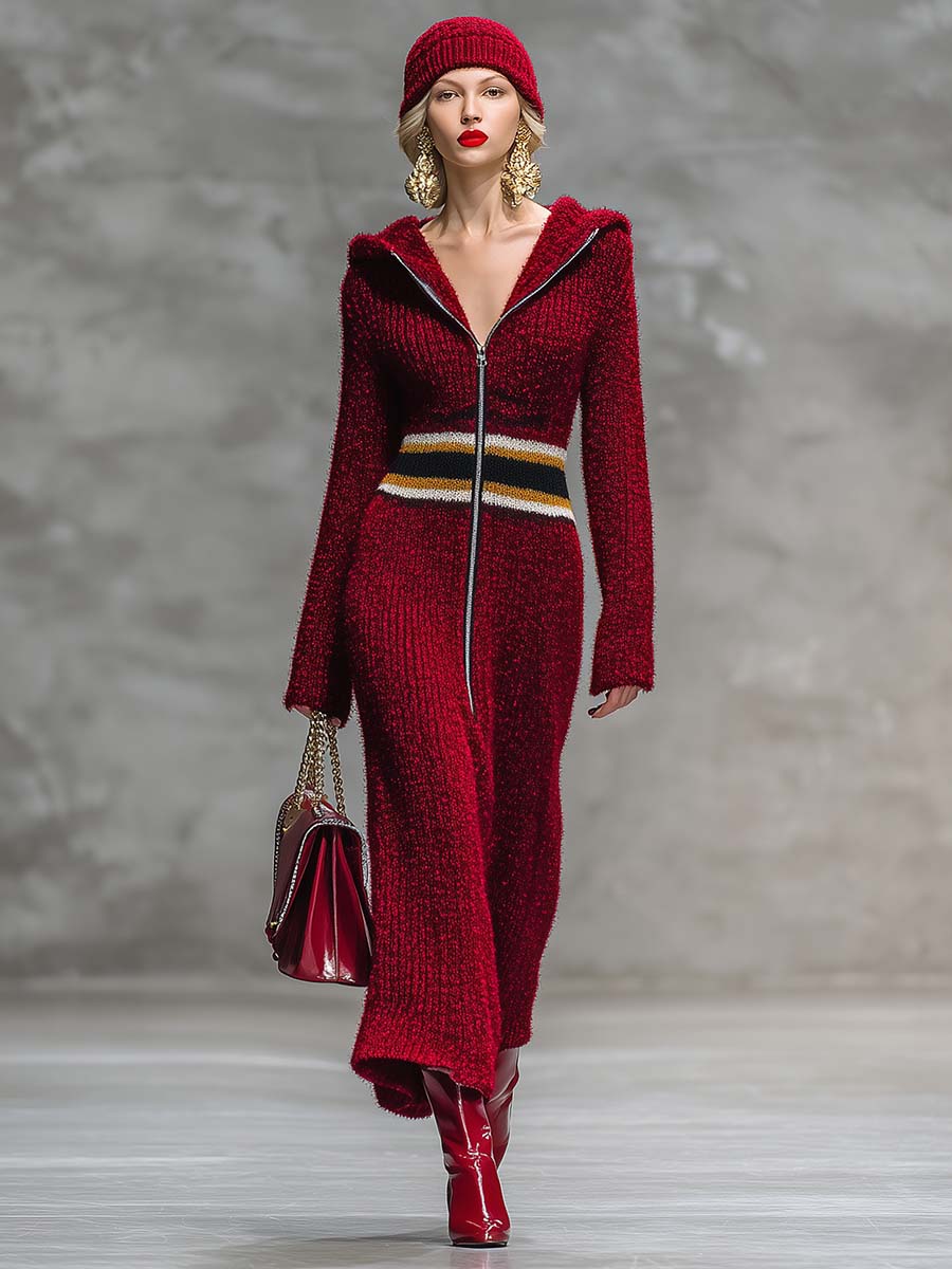 Robe Maxi Tricotée Rouge Éclatante avec Capuche et Zip