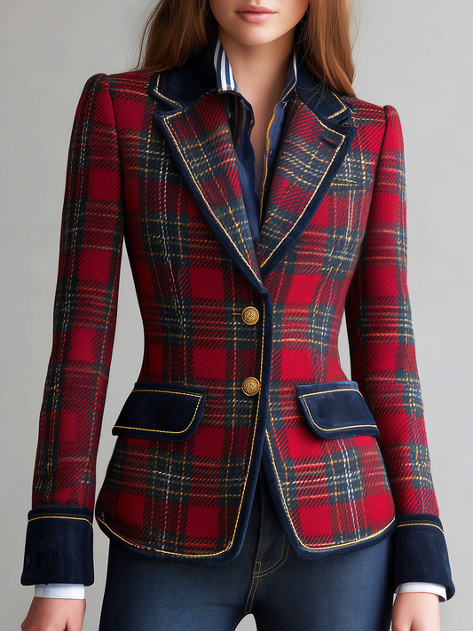 Veste Vintage à Carreaux Classique à Boutonnage Unique