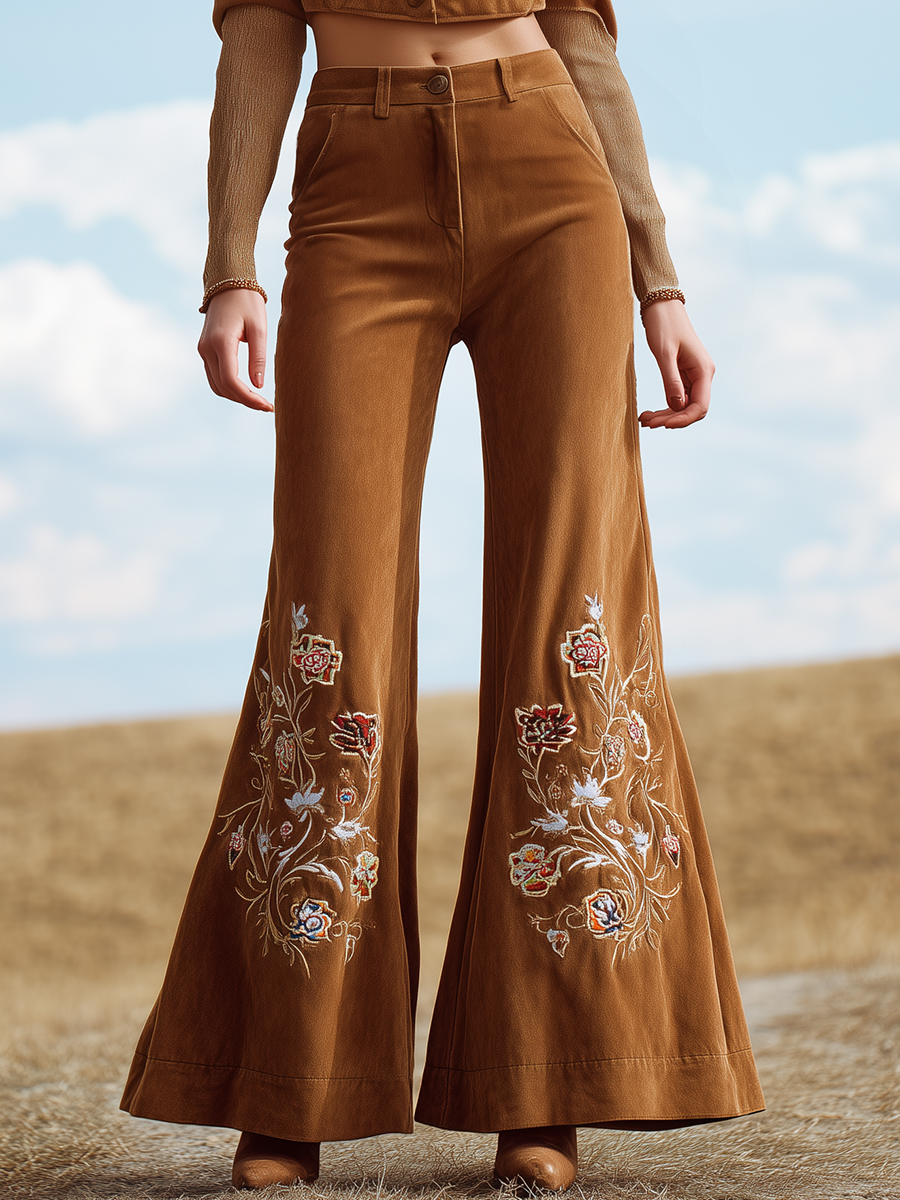 Vintage Floral Embroidered Suede Flared Pants