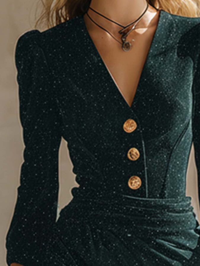Exquise Robe Midi Longue en Stretch Émeraude Vintage à Manches Longues
