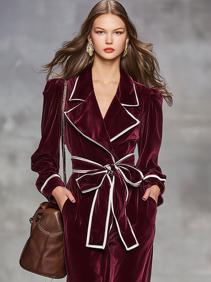 Combinaison en velours à manches longues avec cravate contrastée et col décontracté