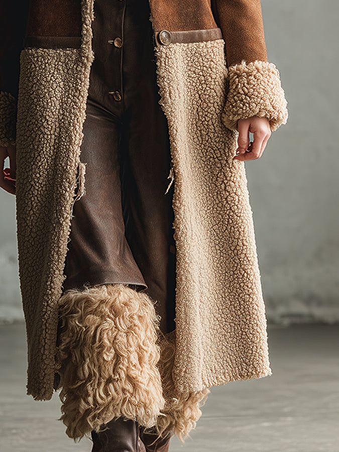 Veste mi-longue en suède synthétique marron au style western rétro, doublée en polaire