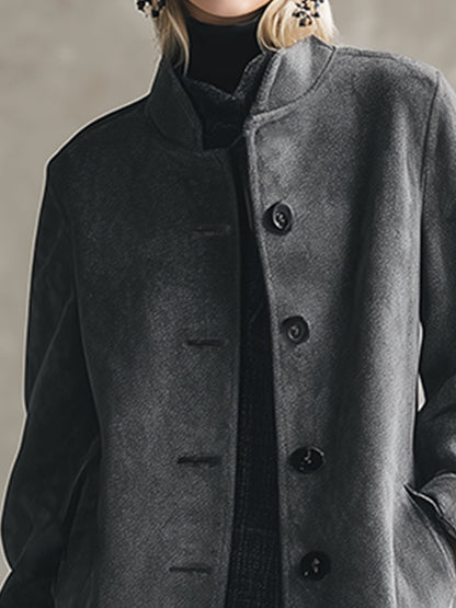Élégant Manteau en Laine Gris Foncé avec Col Montant et Boutonnage