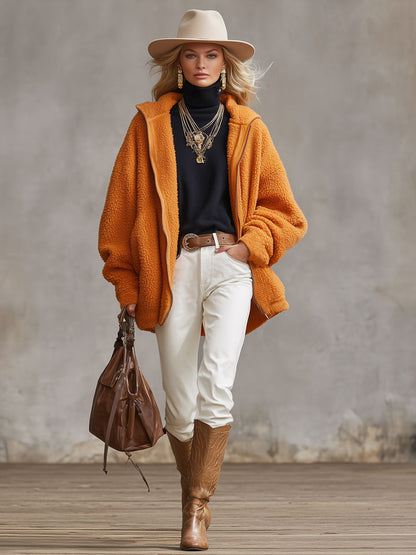 Veste Polaire Zippée à Capuche en Orange Éclatant