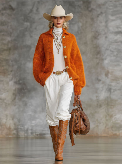 Cardigan Tricoté avec Col Orange et Boutonnage Élégant