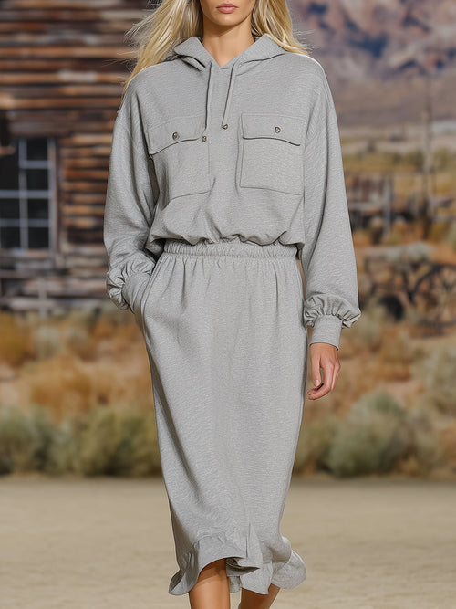 Robe Midi Confortable à Capuche en Gris Clair