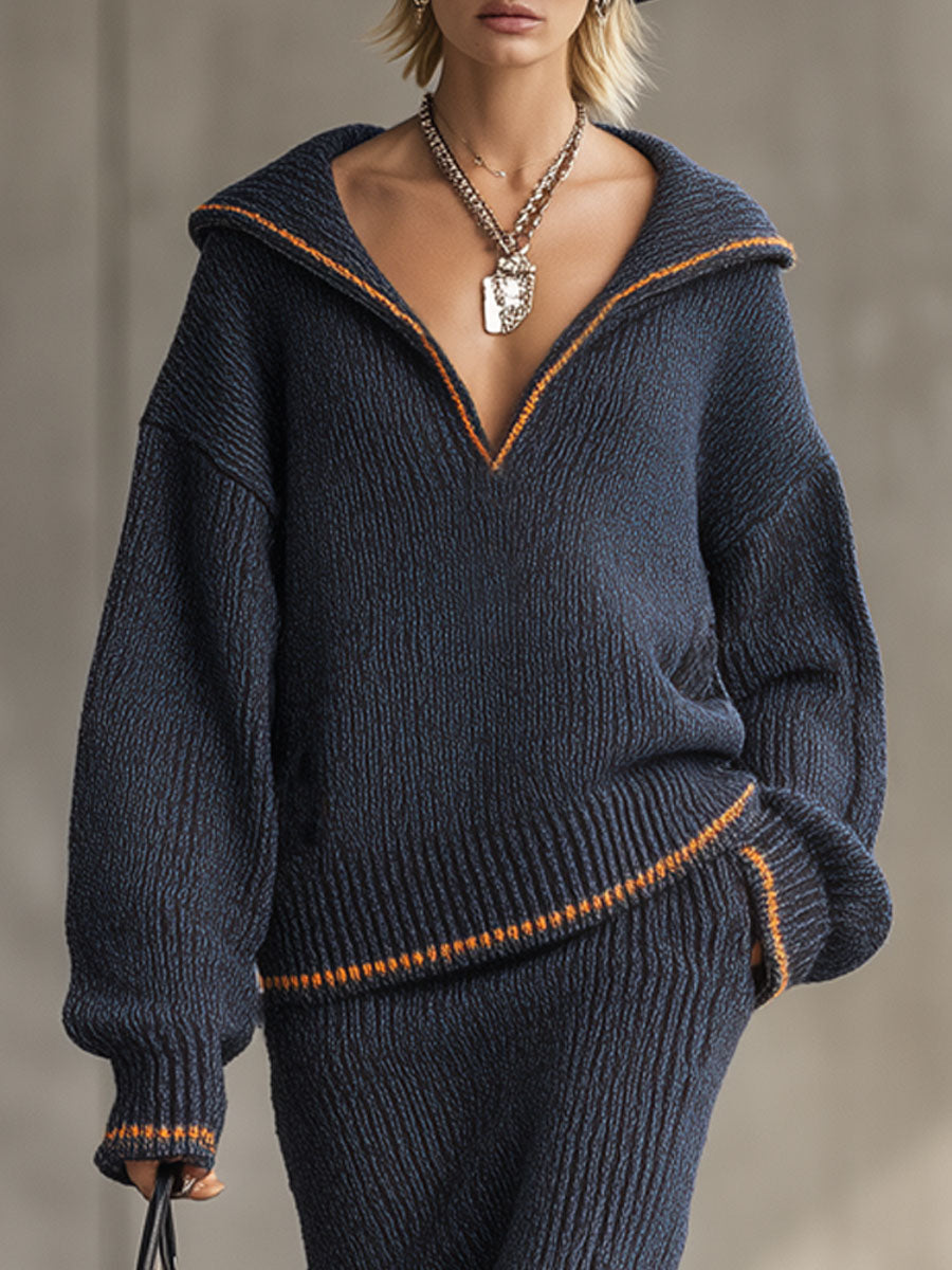 Ensemble Tricoté Chic : Sweat-Shirt Ample à Contraste et Jupe Assortie
