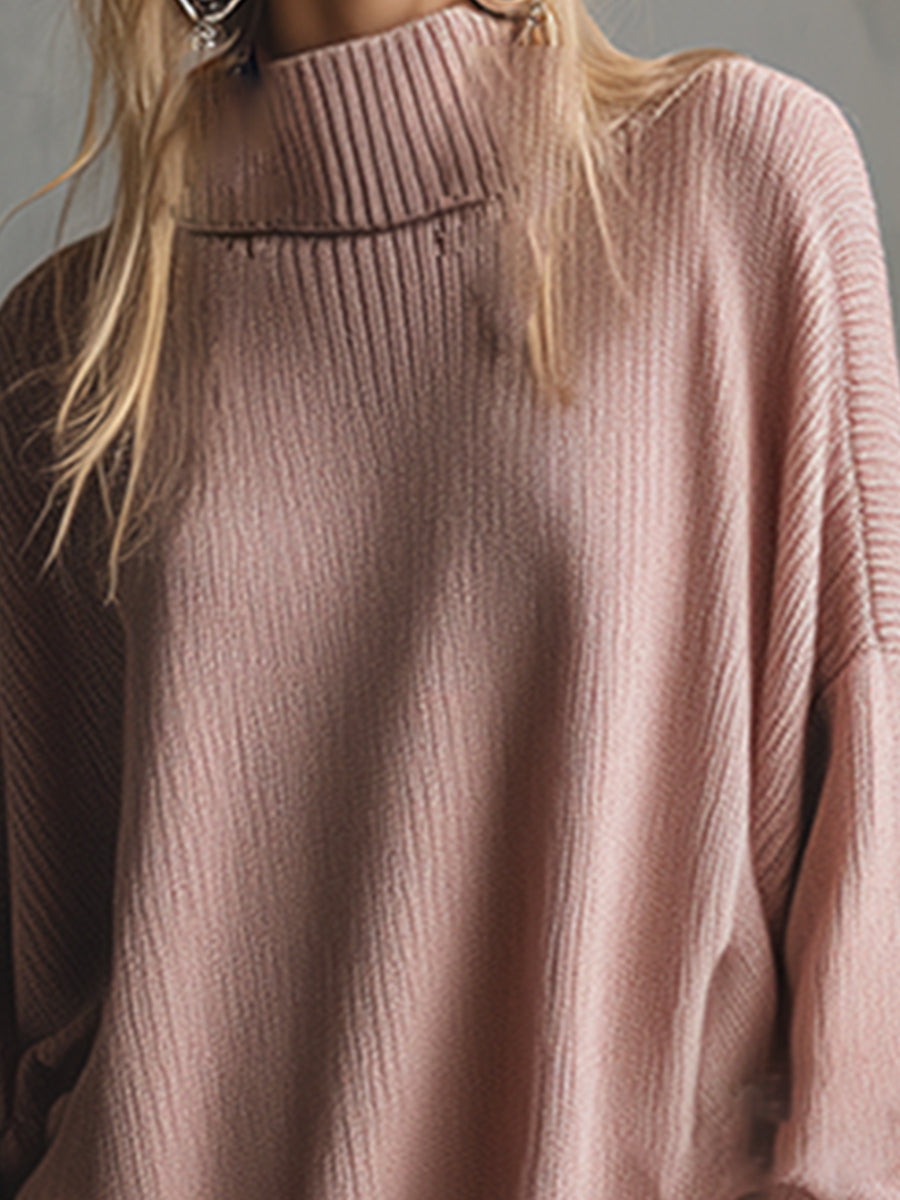 Élégante Robe Midi Tricotée Rose Pâle à Col Montant et Détails Volants