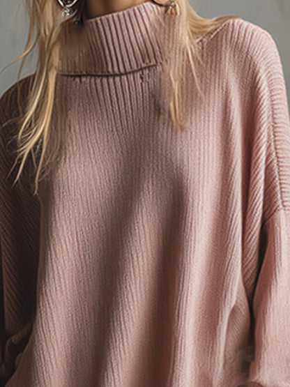 Élégante Robe Midi Tricotée Rose Pâle à Col Montant et Détails Volants