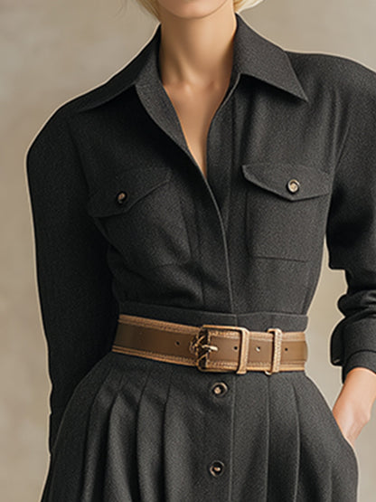 Robe Maxi Élégante en Laine Grise avec Col et Ceinture - Luxe à Chaque Détail