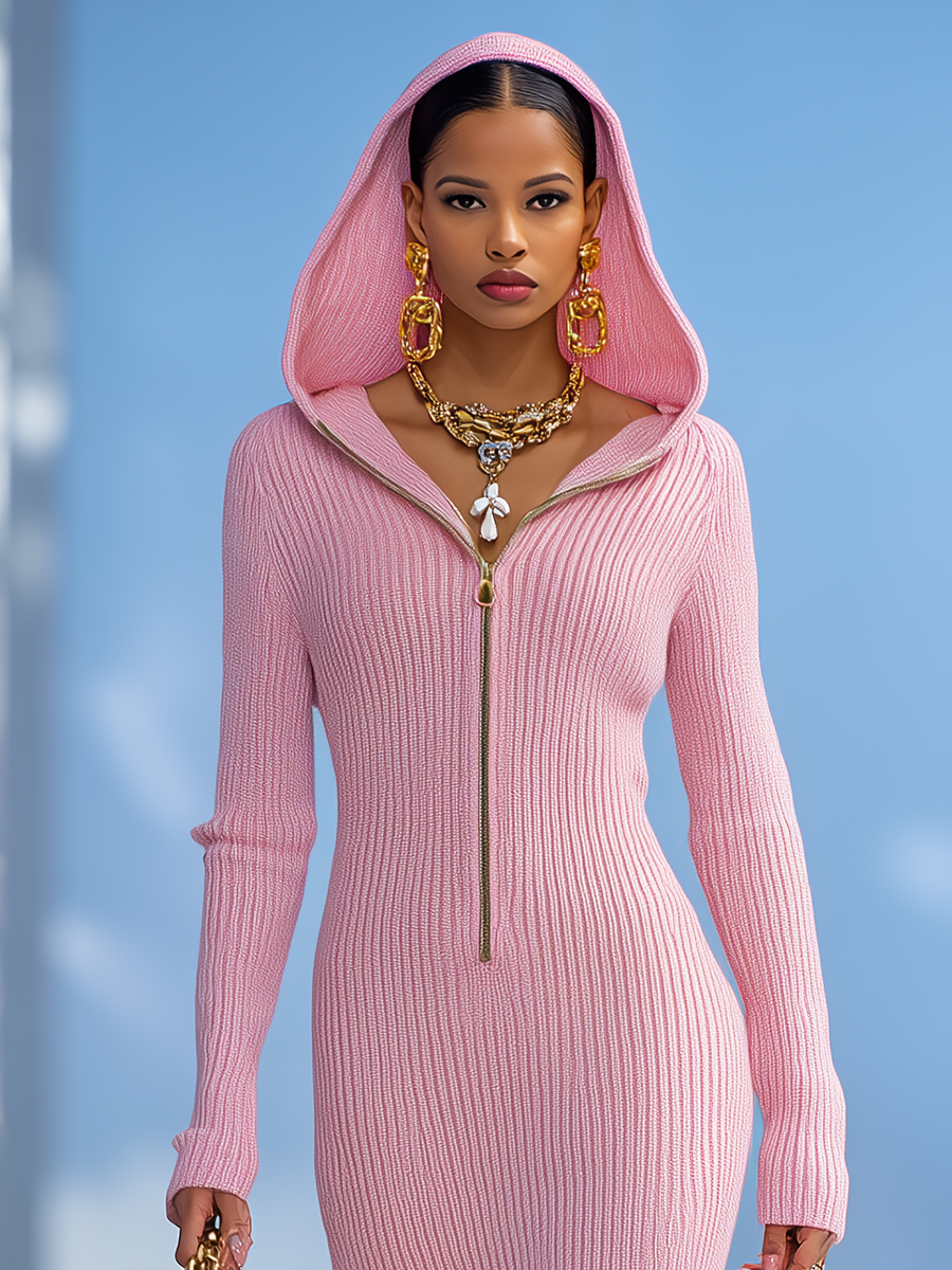Robe Maxi Tricotée Élégante avec Capuche et Fermeture Éclair
