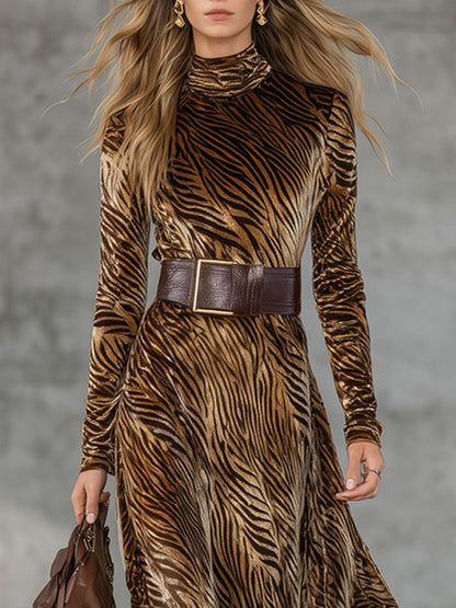 Robe Maxi Velours Doré Imprimé Zèbre avec Lacets - Style Western Rétro