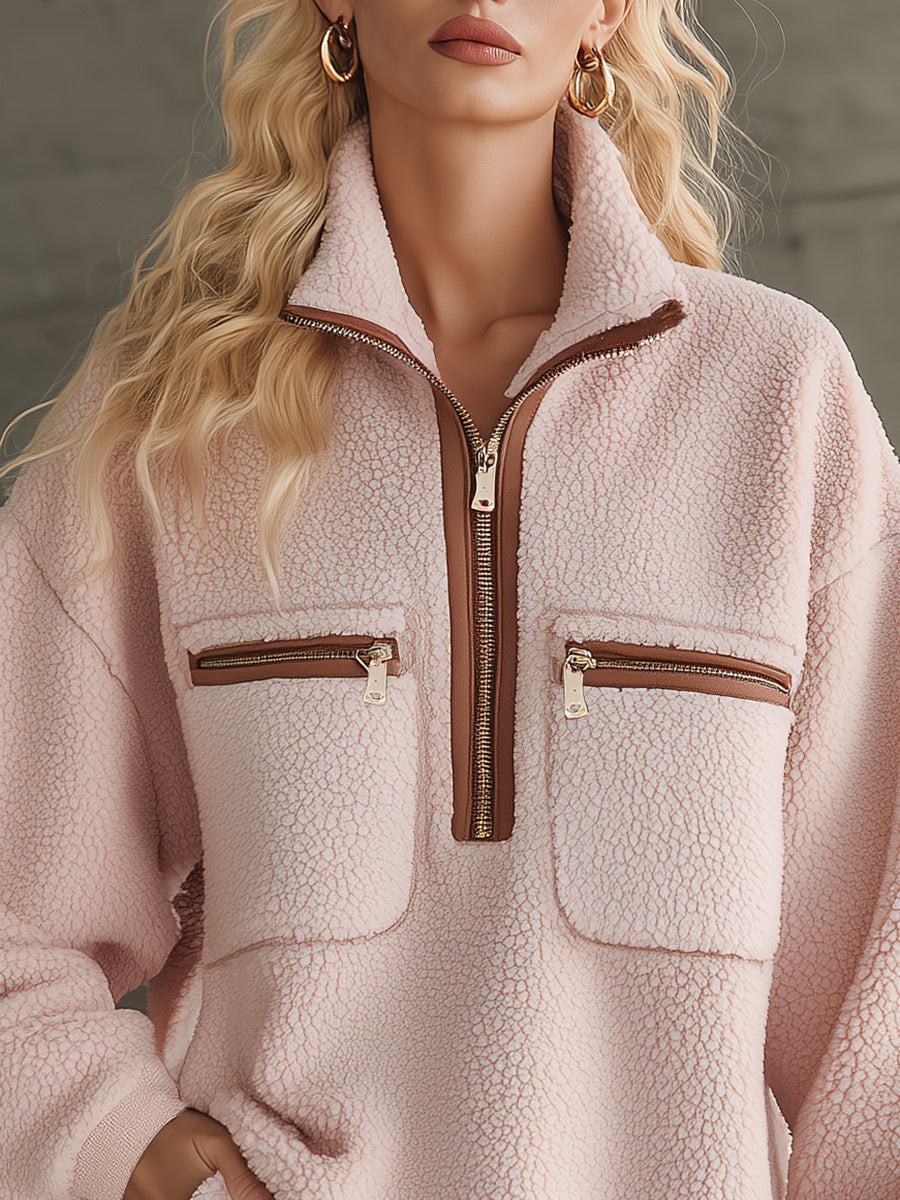 Robe Mini en Polaire Rose avec Élégants Accents en Simili Cuir Marron - Chic et Rétro