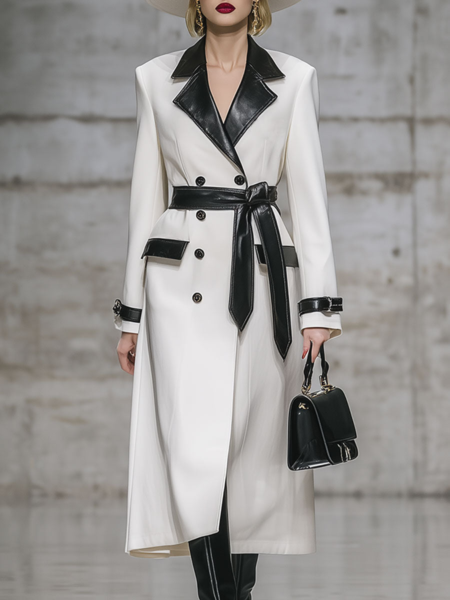 Mi-Long Manteau en Simili Cuir avec Col Chic et Coutures Contrastées