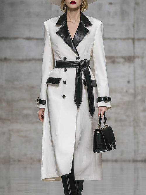 Élégant Manteau Mi-Long en Simili Cuir avec Col et Détails Blancs