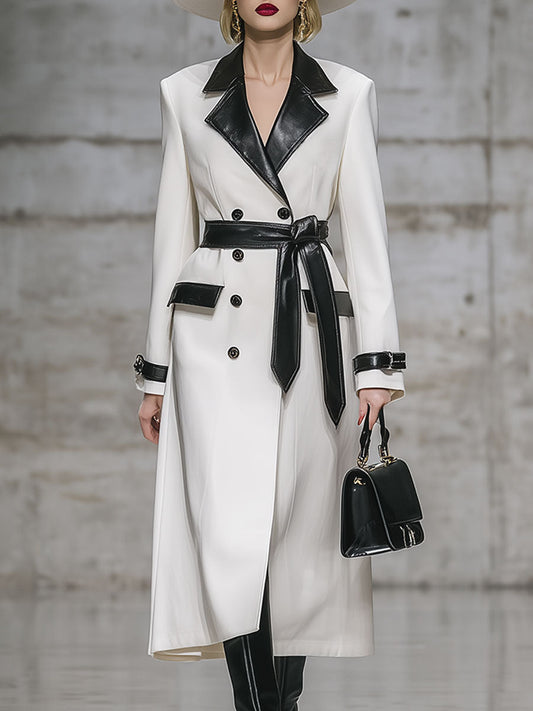 Élégant Manteau Mi-Long en Simili Cuir avec Col et Détails Blancs