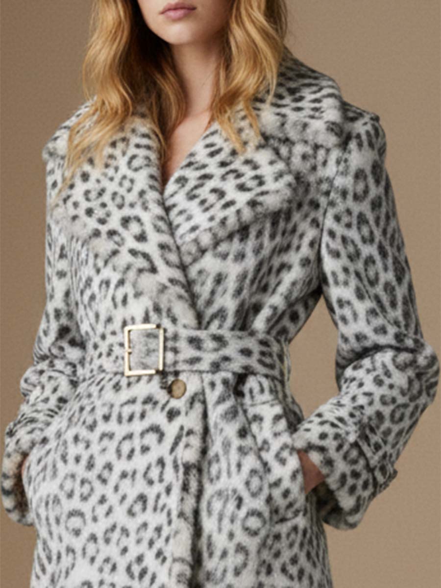 Veste en Peluche Imprimé Léopard Gris Clair au Style Rétro