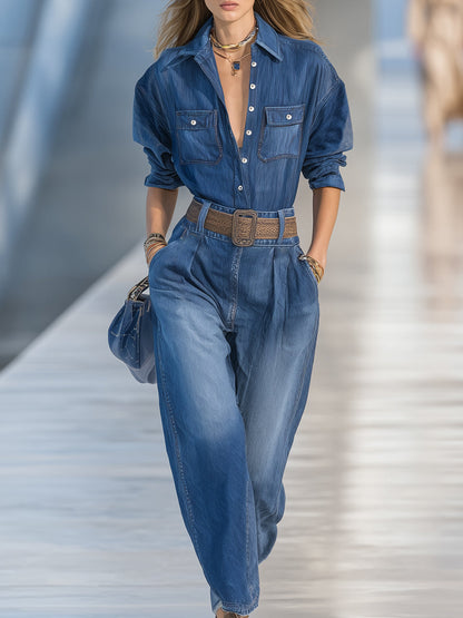 Ensemble Décontracté en Jean Bleu : Chemise et Pantalon à Jambes Larges