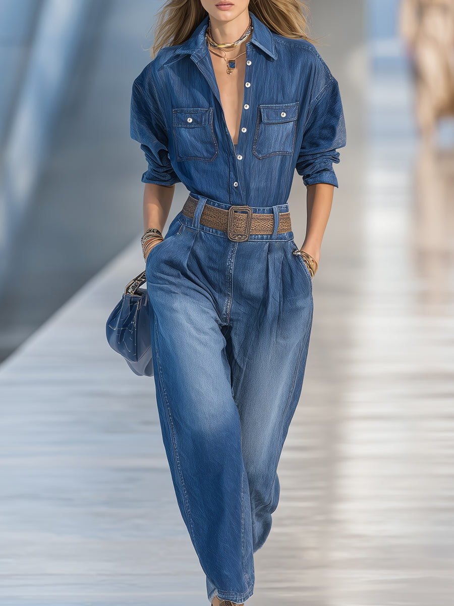 Ensemble Décontracté en Jean Bleu avec Pantalons Amples