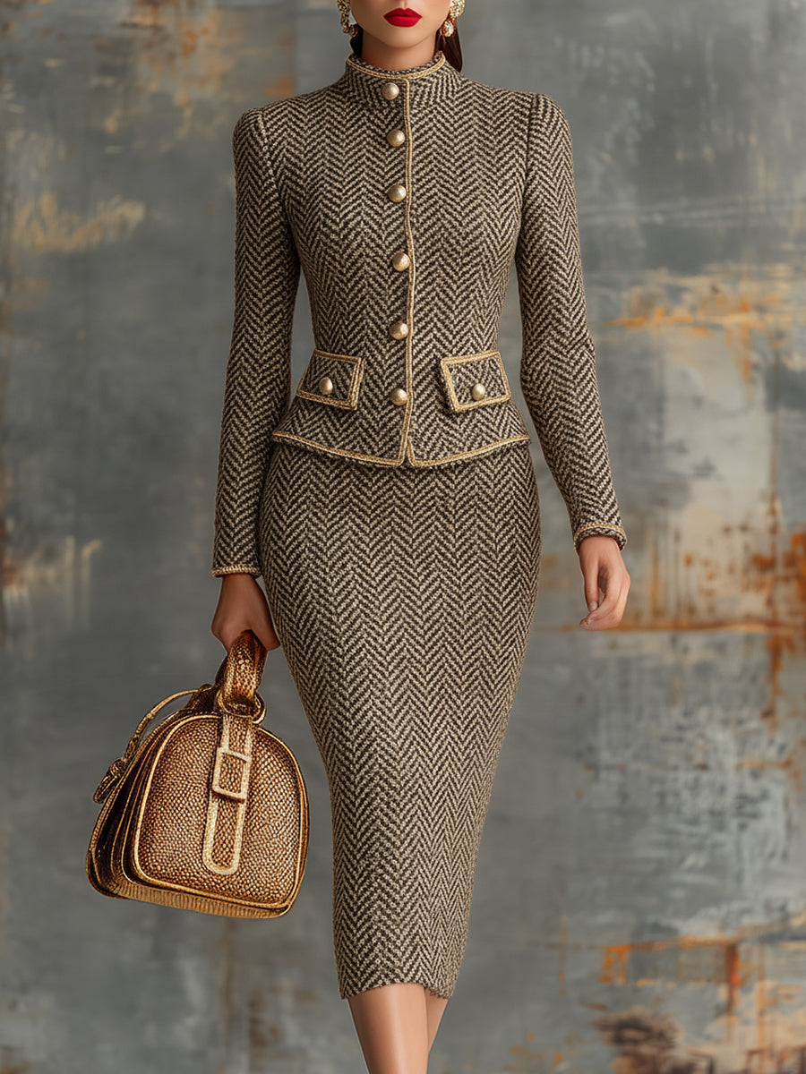 Ensemble Chic : Veste à Col Montant et Jupe Herringbone Vintage avec Détails Dorés