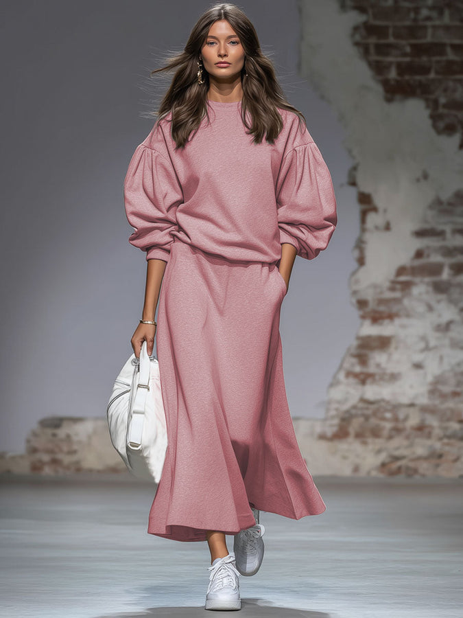 Ensemble Rétro : Sweatshirt Col Rond et Jupe à Manches Bouffantes en Rose