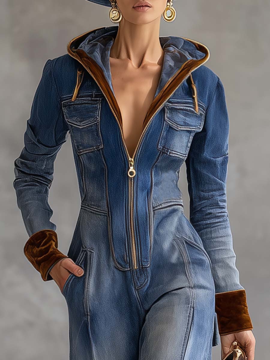 Veste Vintage Western en Velours Denim Bleu - Jumpsuit Décontracté à Capuche et Col en V Zippé
