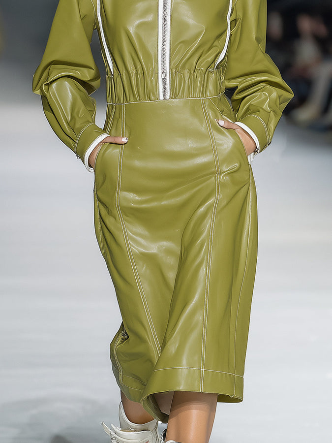 Robe Midi Sportive en Simili Cuir Vert avec Capuche - Élégance Décontractée