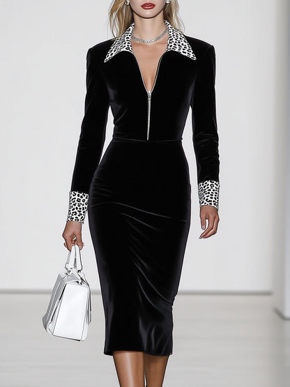 Robe Midi Vintage en Velours Noir avec Col V et Manches Longues