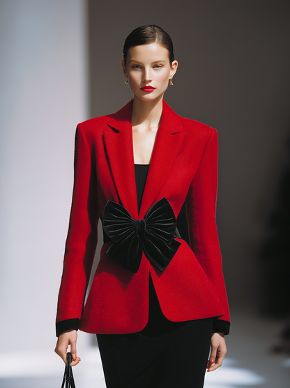 Blazer en Laine avec Nœud en Velours Chic au Style Rétro