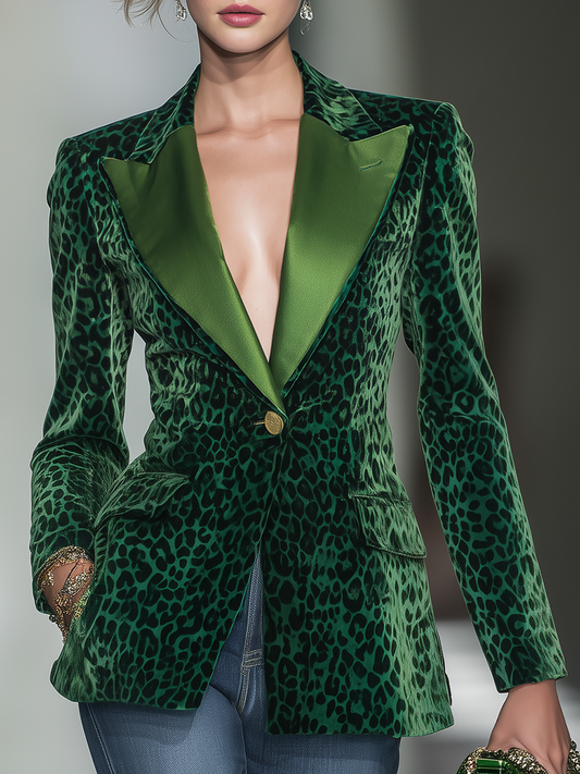 Élégant Blazer Vintage en Velours avec Imprimé Léopard